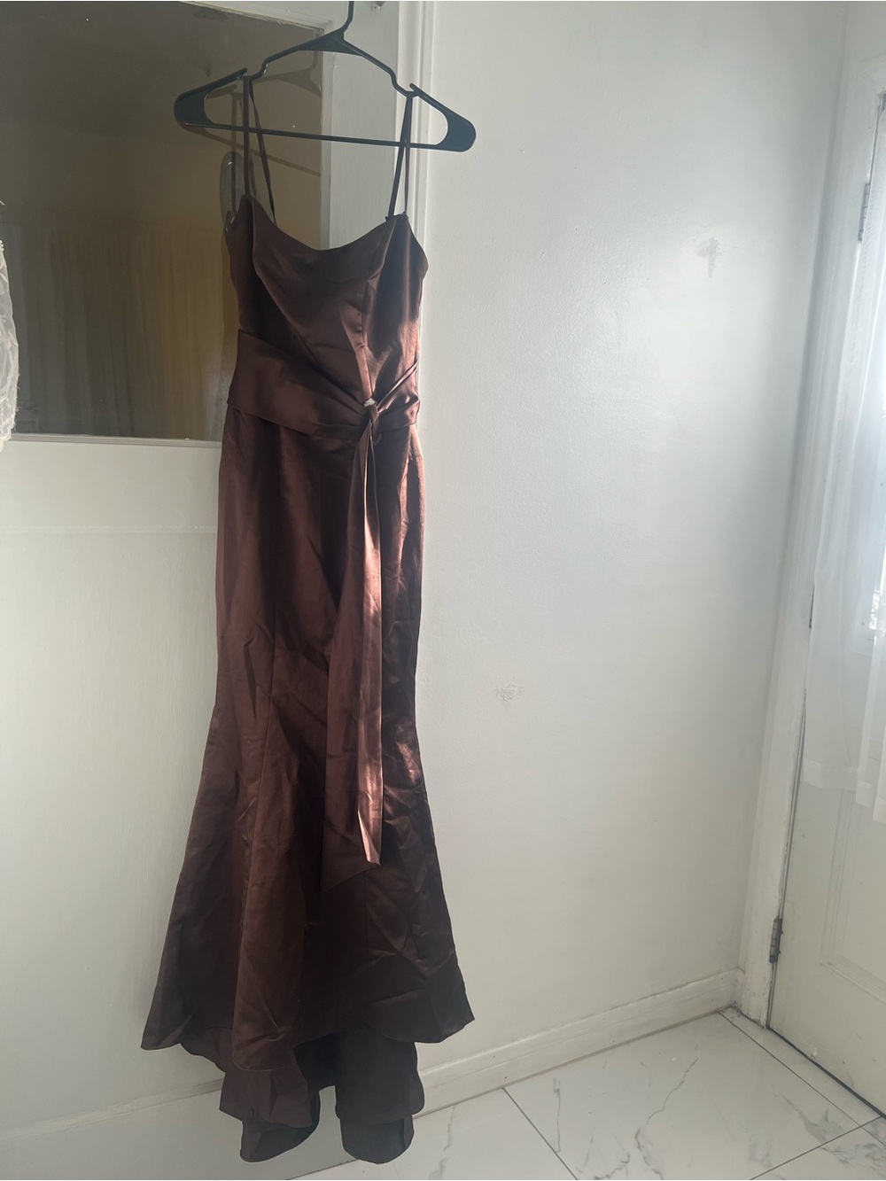Da Vinci Satin Spaghetti-Strap Evening Dress in Brown